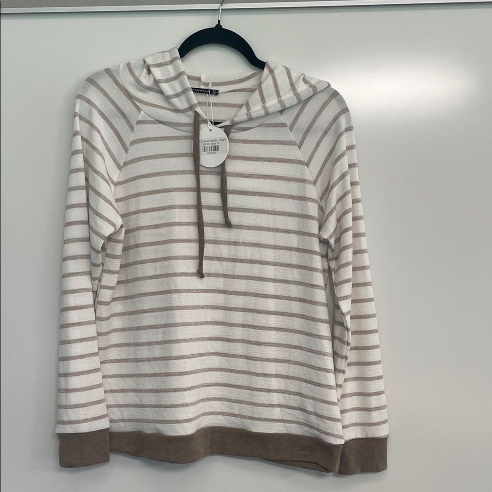 NWT staccato cream and tan striped soft hoodie, brand new, non-smoke